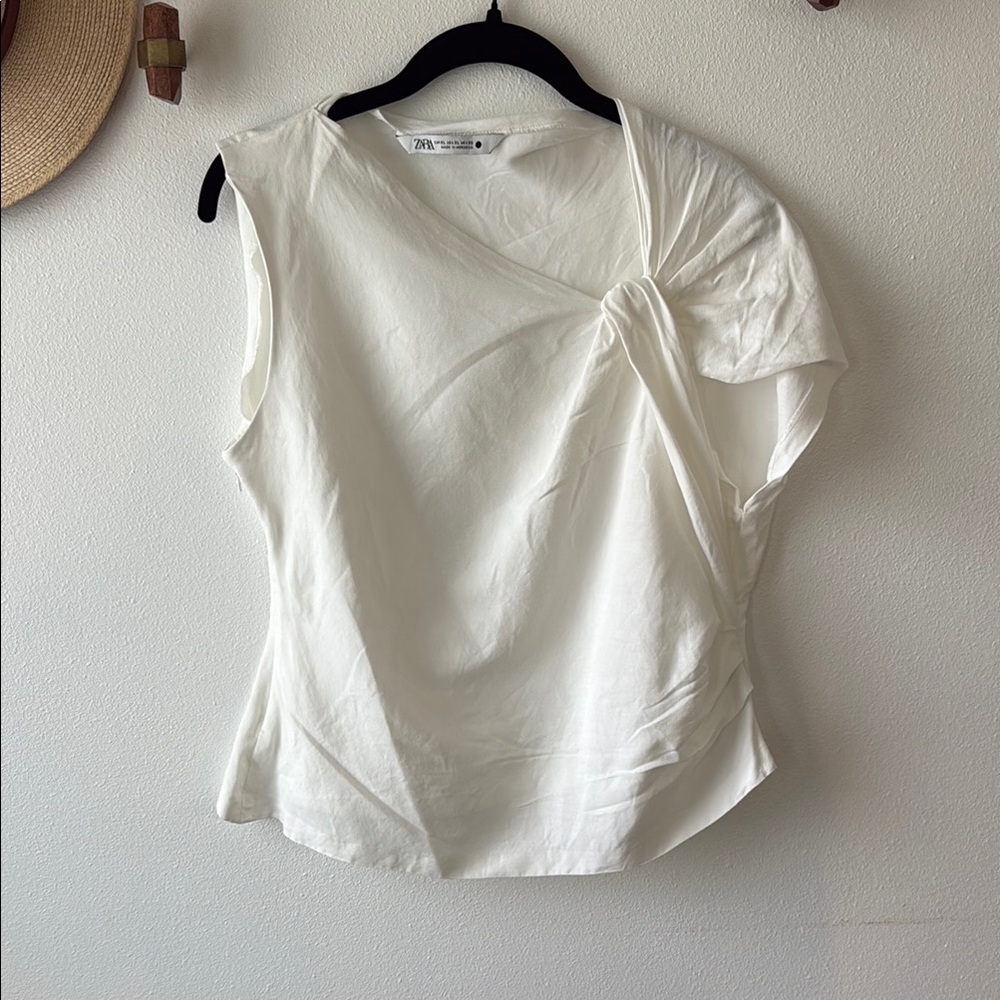 Zara Asymmetrical Ruched Cream Blouse